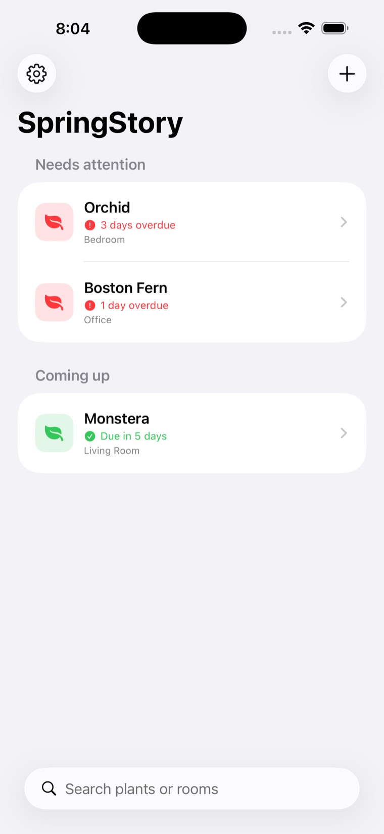 The SpringStory dashboard listing three plants, grouped into Needs attention and Coming up.