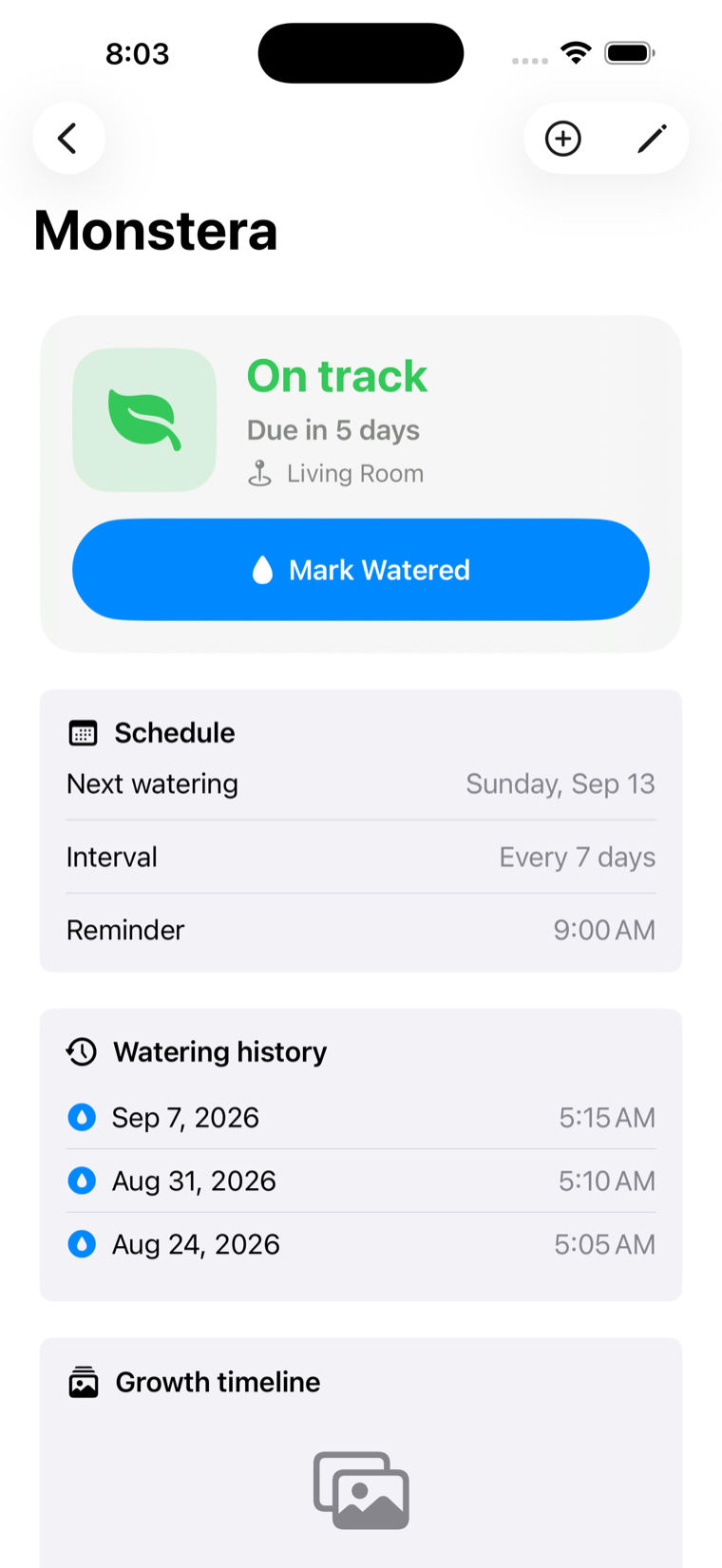 The Monstera detail screen showing status, watering schedule, and history.