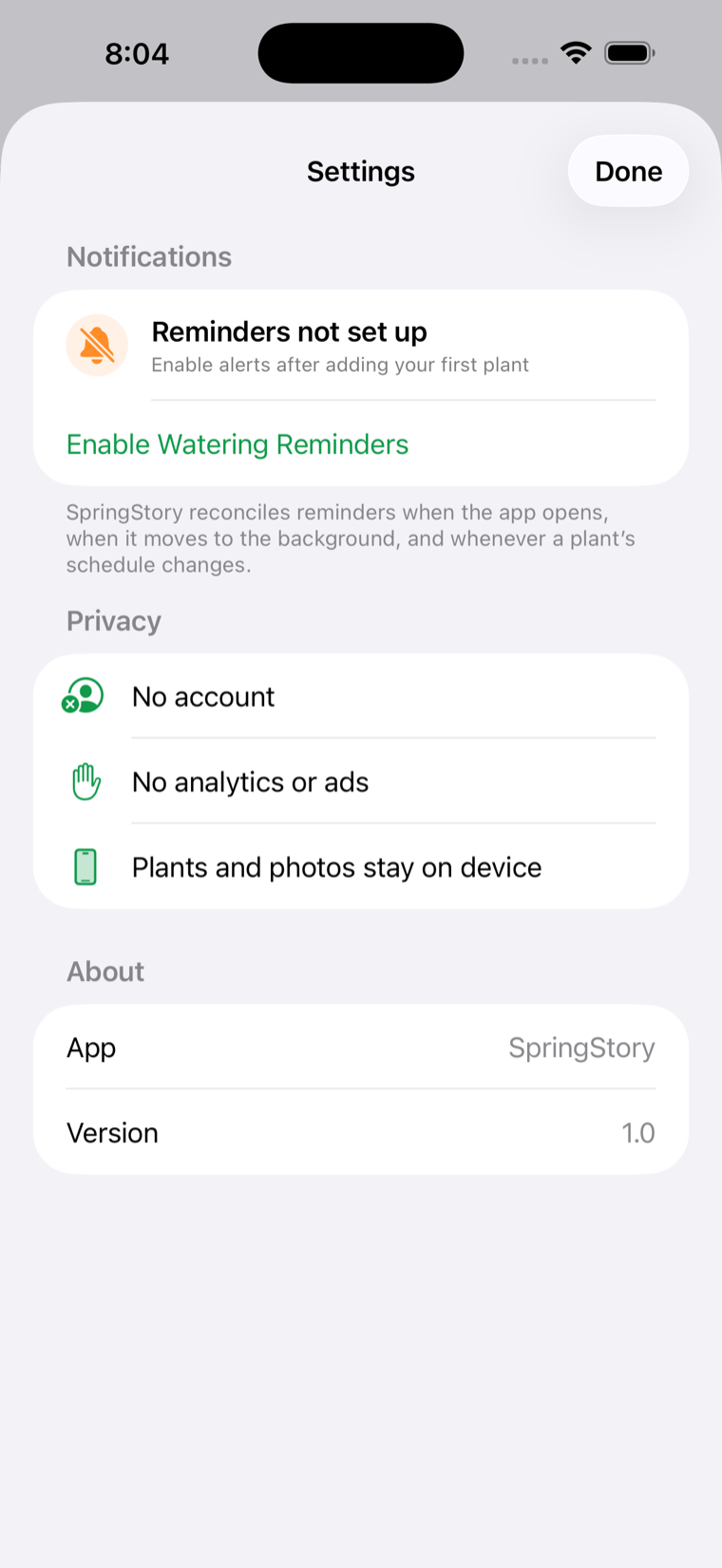The SpringStory Settings screen showing reminders, a privacy summary, and the app version.